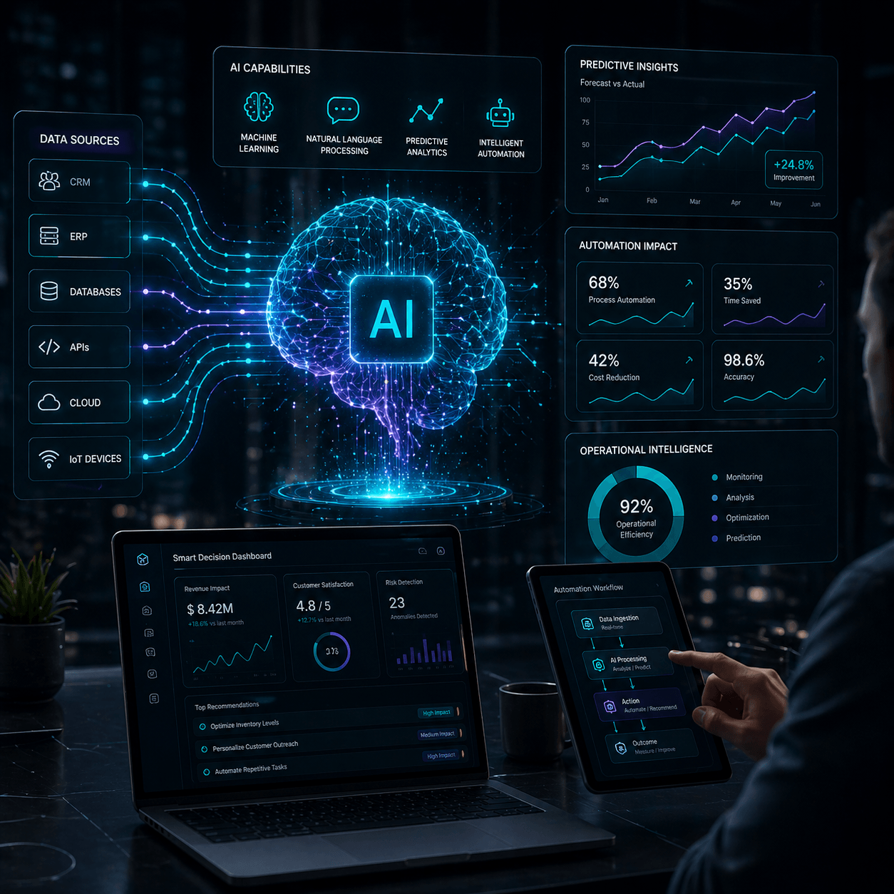 Futuristic AI system interface showing neural network visualization, analytics dashboards, and automated decision-making workflows.