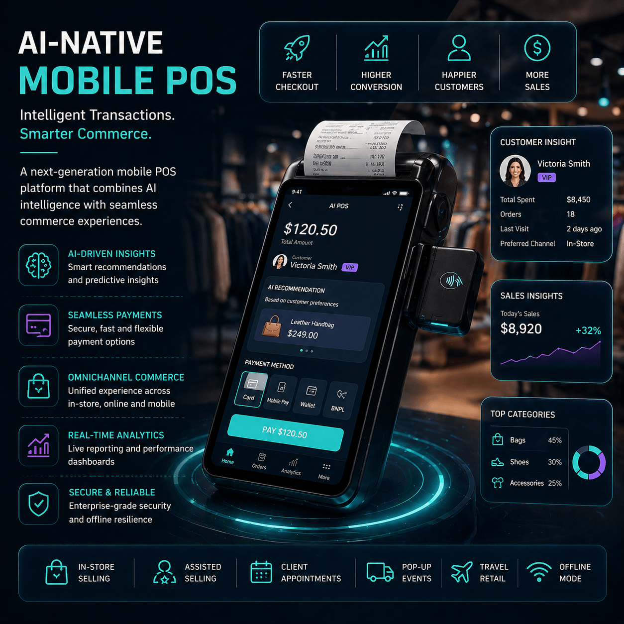 AI-native mobile POS system showing smart checkout interface, real-time analytics, customer insights, and seamless omnichannel payment experience