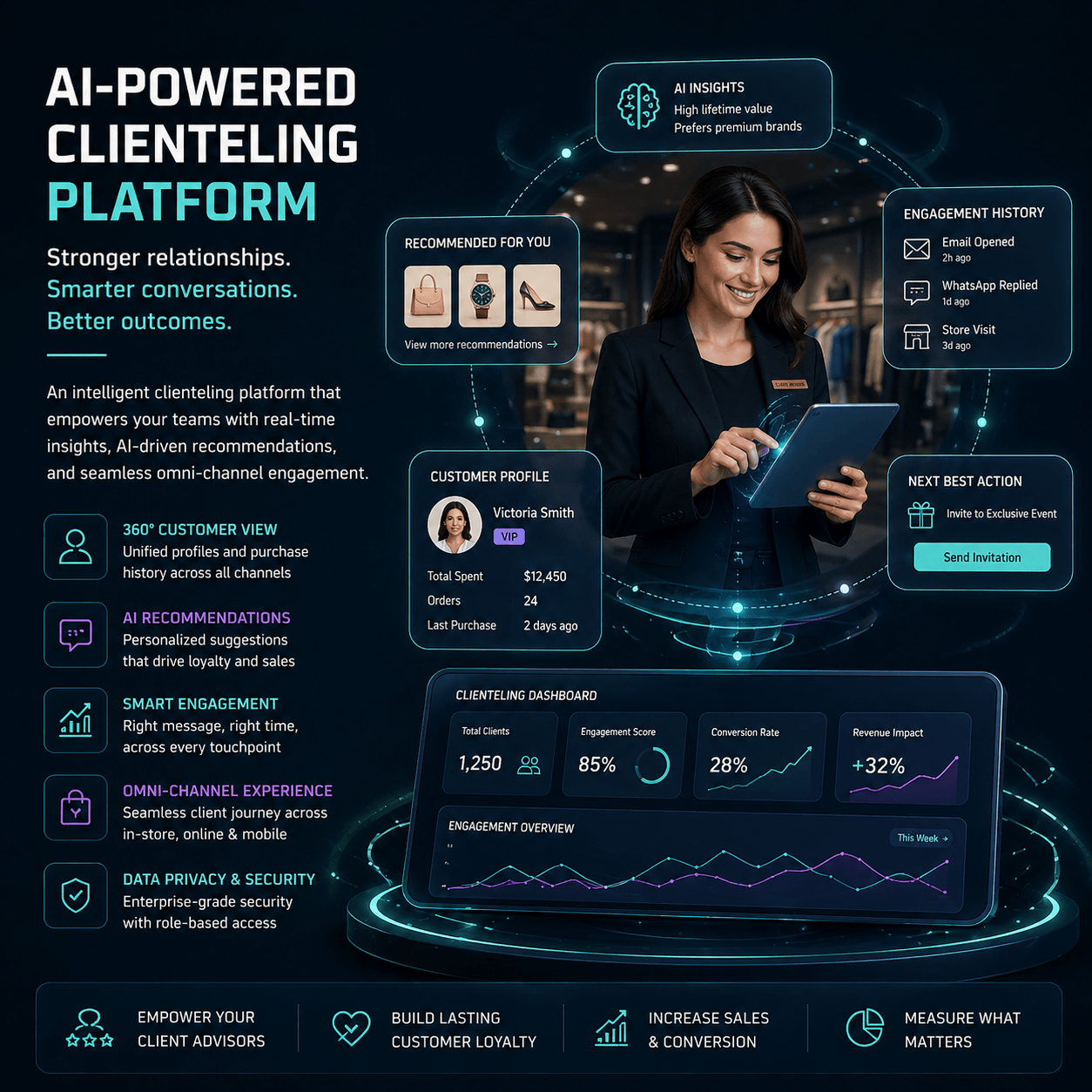 AI-powered clienteling platform showcasing personalized customer insights, omnichannel engagement, and real-time recommendations for retail advisors