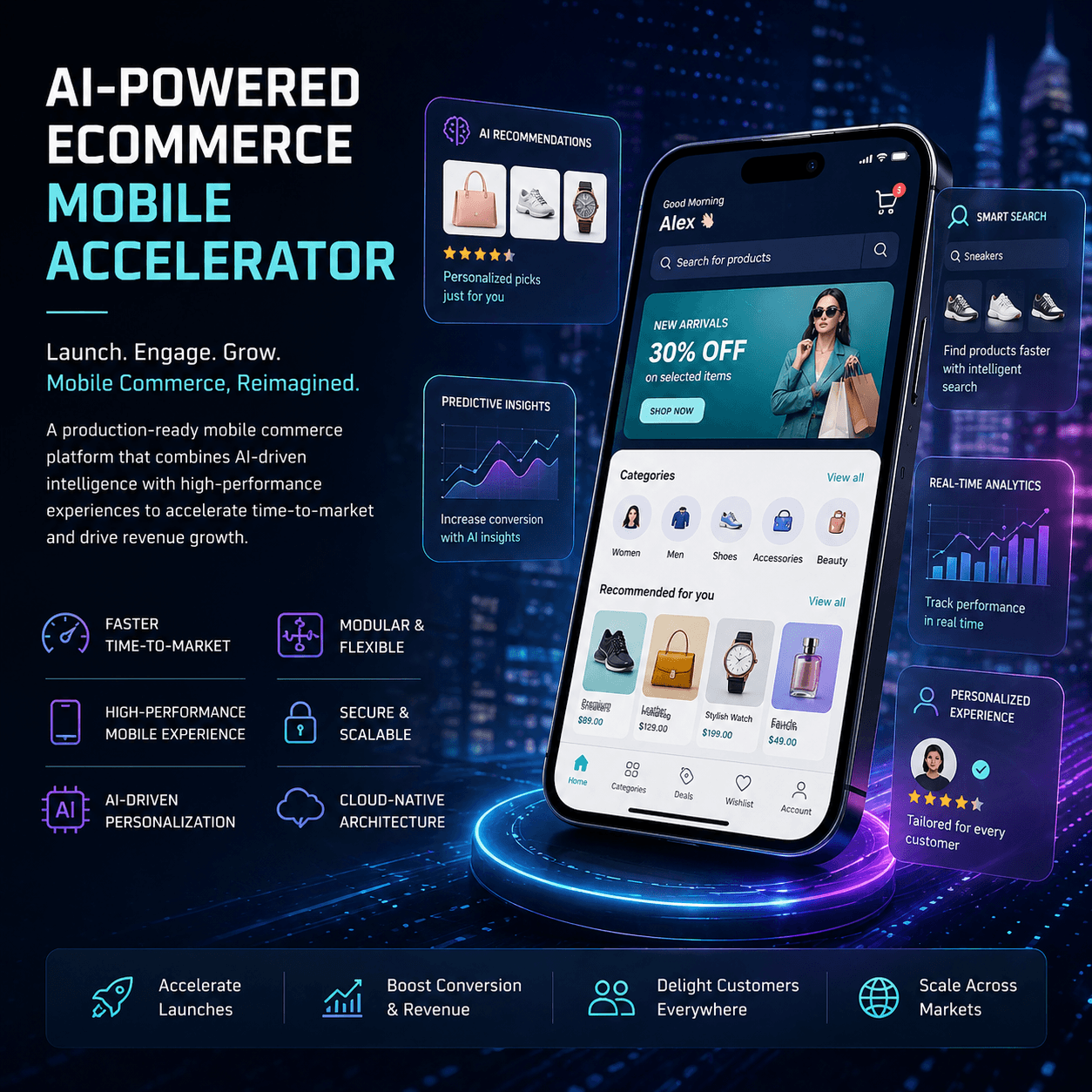 AI-powered ecommerce mobile accelerator showcasing personalized shopping experience, predictive insights, and real-time analytics on a mobile commerce application