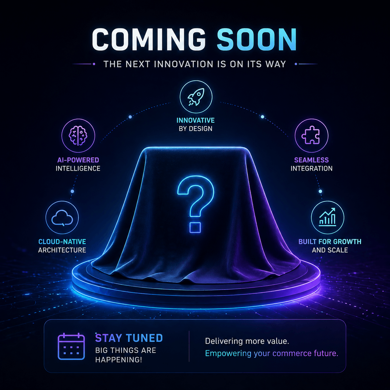 Coming soon future product placeholder with AI-powered and cloud-native innovation concept