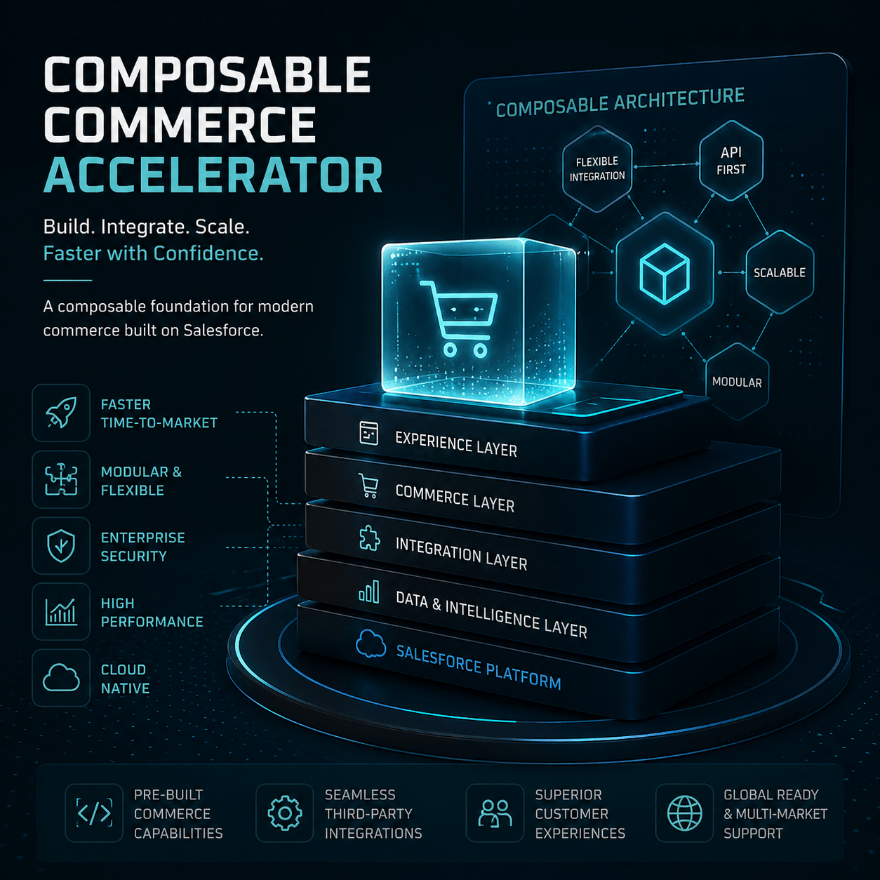 Composable Commerce Accelerator architecture showing modular layers, API-first integration, and scalable Salesforce-based digital commerce platform