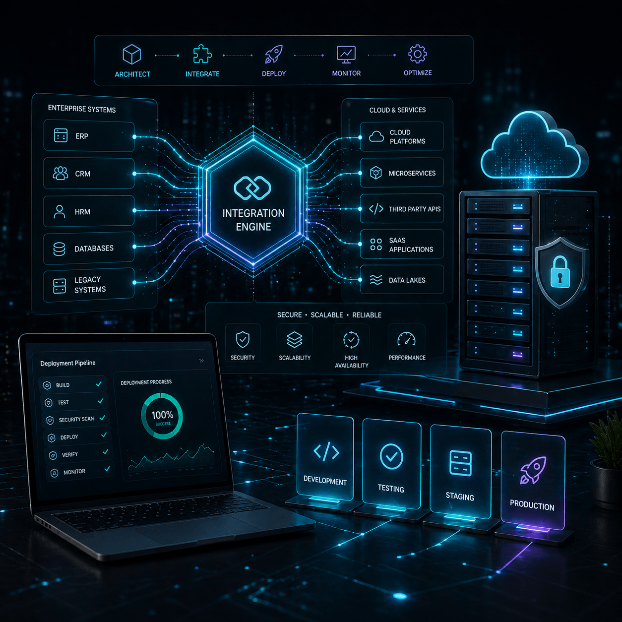 Futuristic integration platform showing connected enterprise systems, cloud services, APIs, and deployment pipeline with security and scalability indicators.