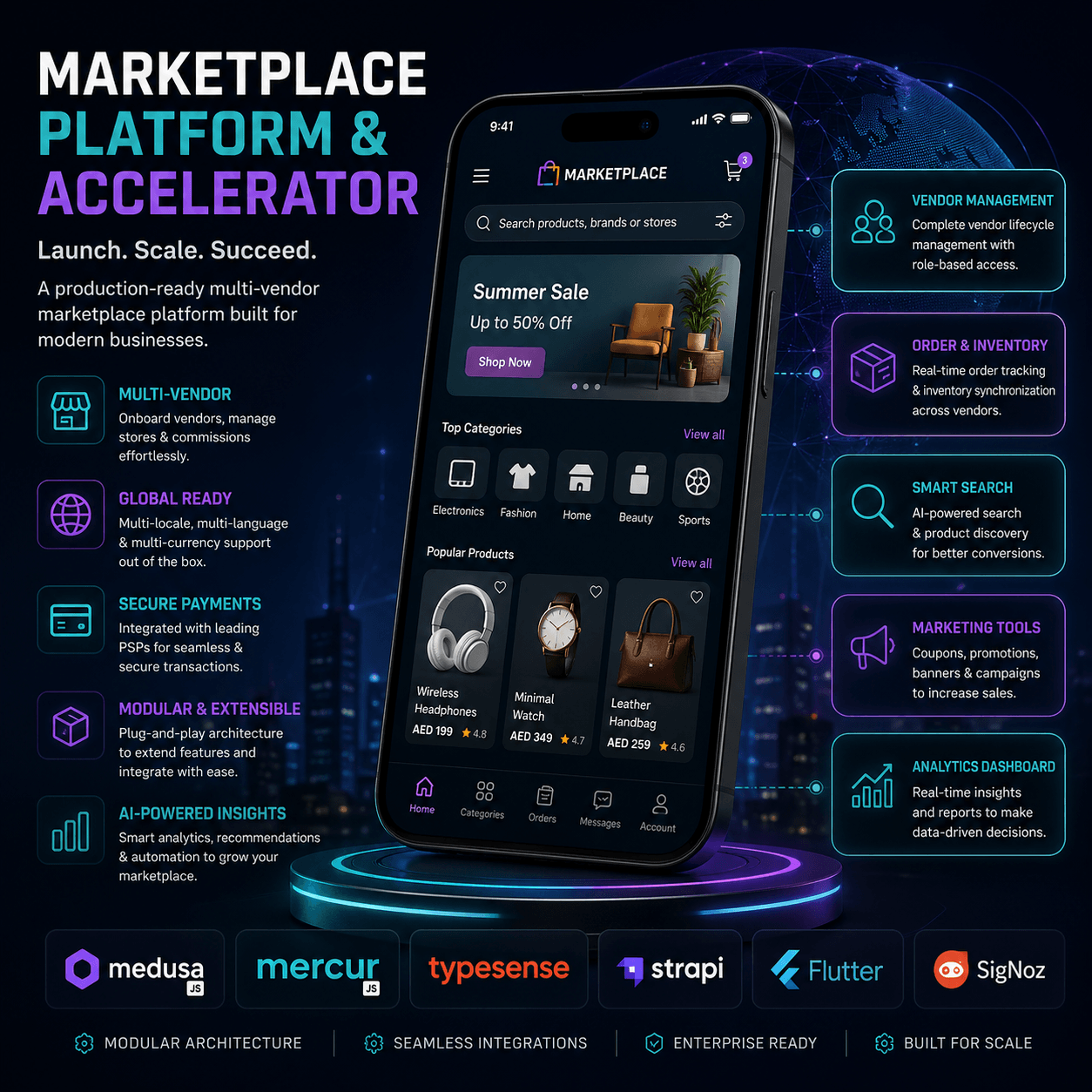 AI-powered marketplace platform and accelerator with multi-vendor system, payments integration, and modular architecture
