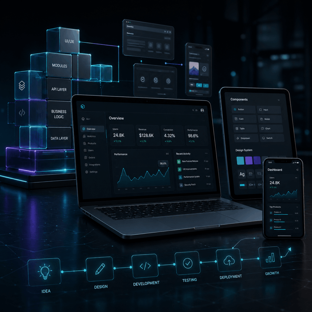 Futuristic product engineering workspace showing modular architecture, UI dashboards, and connected digital systems across multiple devices.