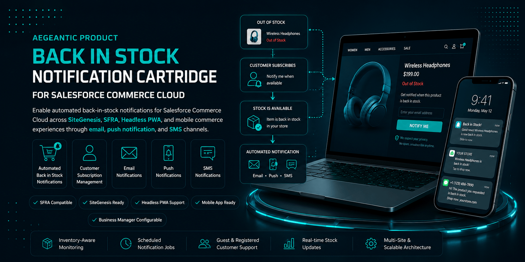 Back in Stock notification cartridge for Salesforce Commerce Cloud with email, push notification, and SMS support for SFRA, SiteGenesis, Headless PWA, and mobile apps