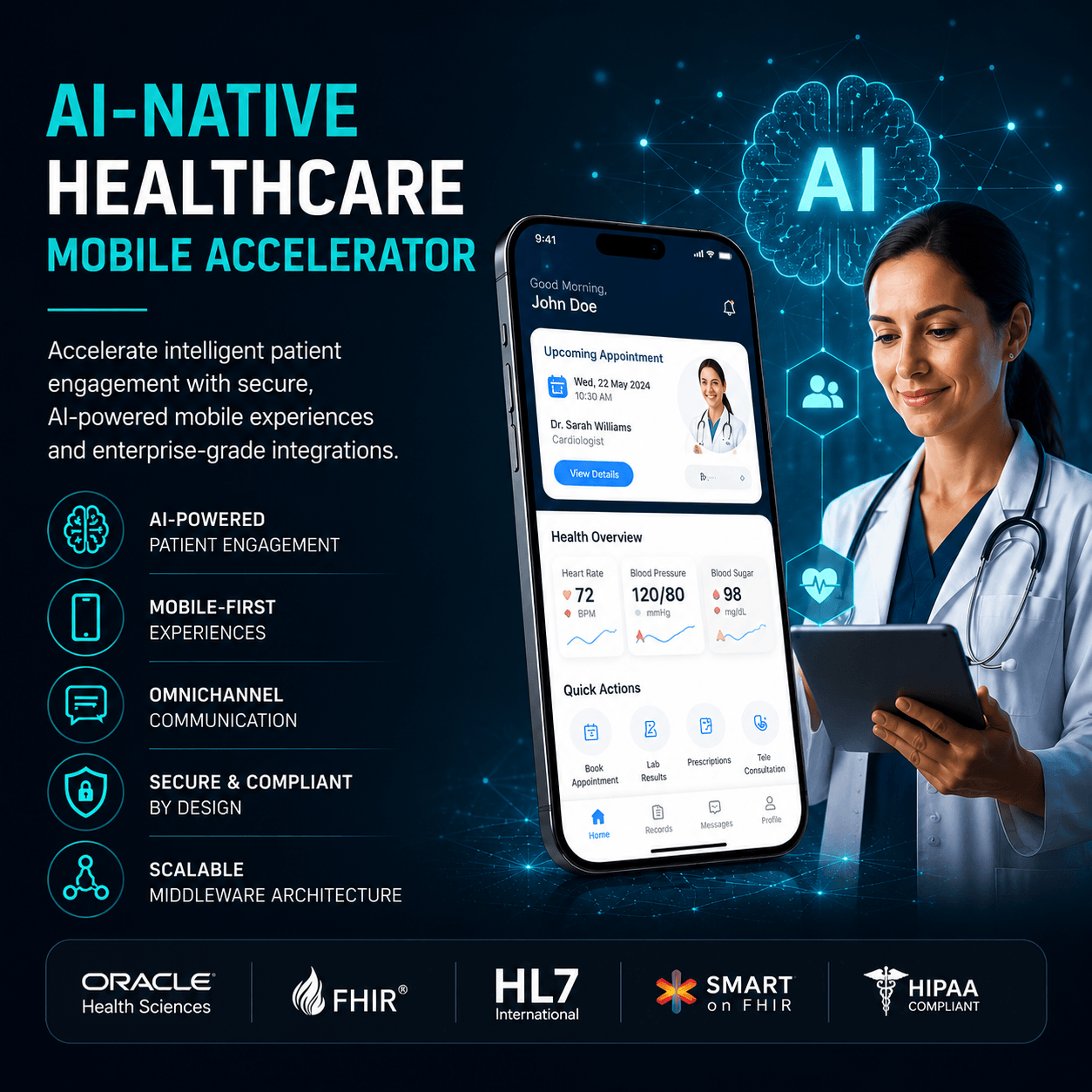 AI-native healthcare mobile accelerator with intelligent patient engagement, secure healthcare integrations, AI-powered workflows, and mobile-first healthcare experiences
