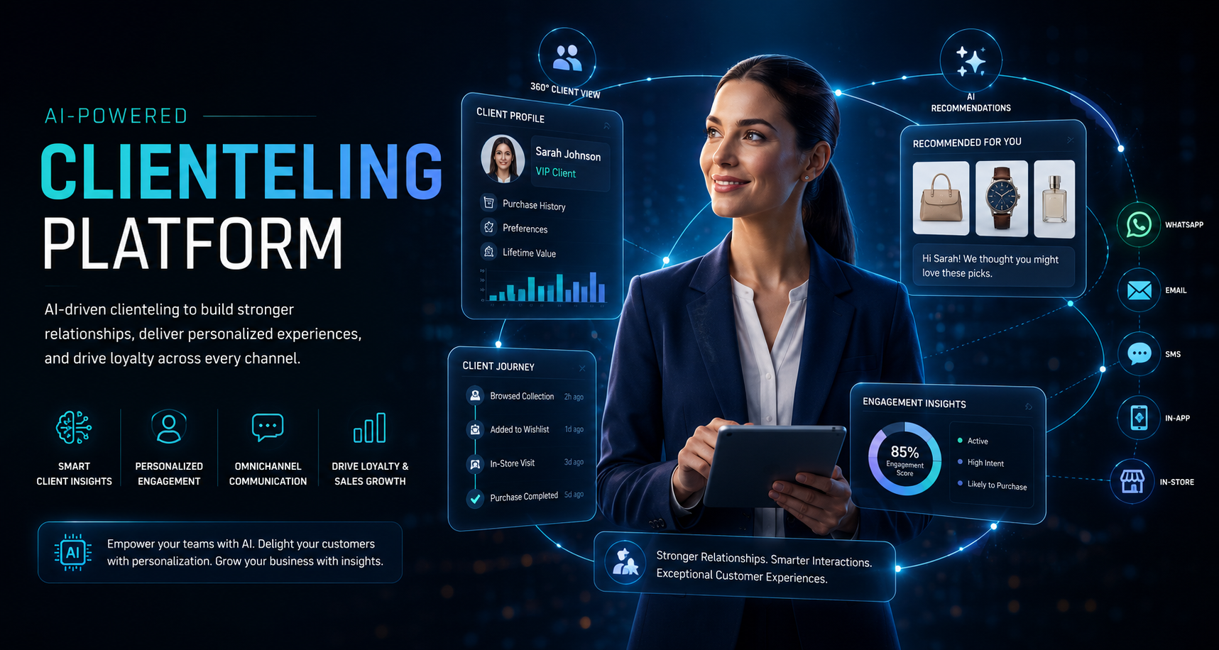 AI-powered clienteling platform with personalized customer engagement, omnichannel communication, AI recommendations, and intelligent customer insights
