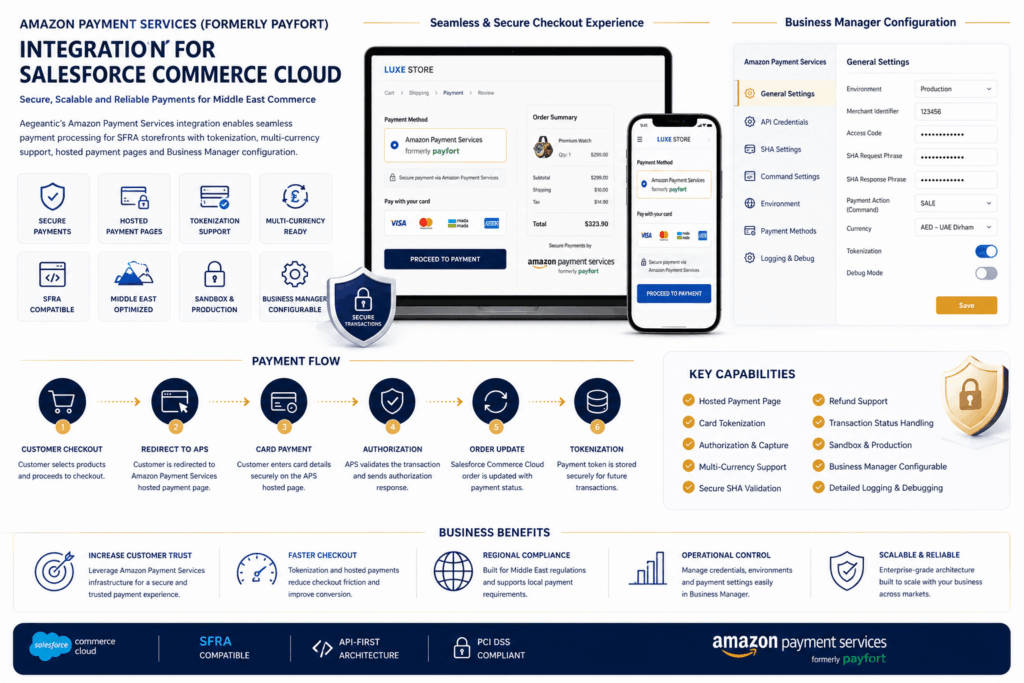 Amazon Payment Services and Payfort integration workflow for Salesforce Commerce Cloud with tokenization, hosted payments, Business Manager configuration, and multi-currency support