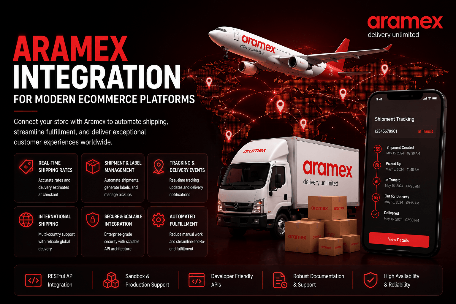 Aramex ecommerce shipping integration with real-time shipping rates, shipment tracking, label generation, fulfillment automation, and global logistics workflows