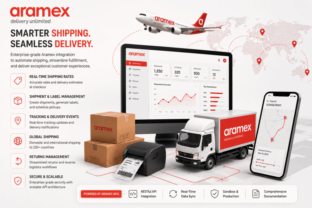 Aramex logistics automation platform with real-time shipping rates, shipment tracking, label generation, and enterprise fulfillment workflows