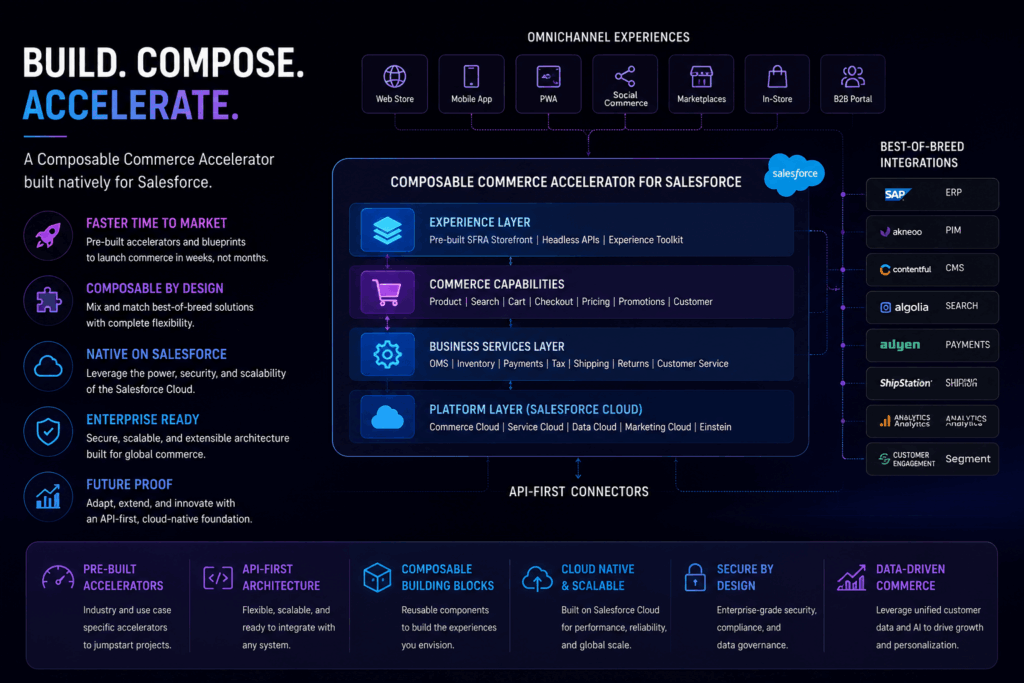 Composable commerce accelerator architecture with Salesforce integration, API-first commerce layers, omnichannel experiences, and enterprise ecommerce building blocks