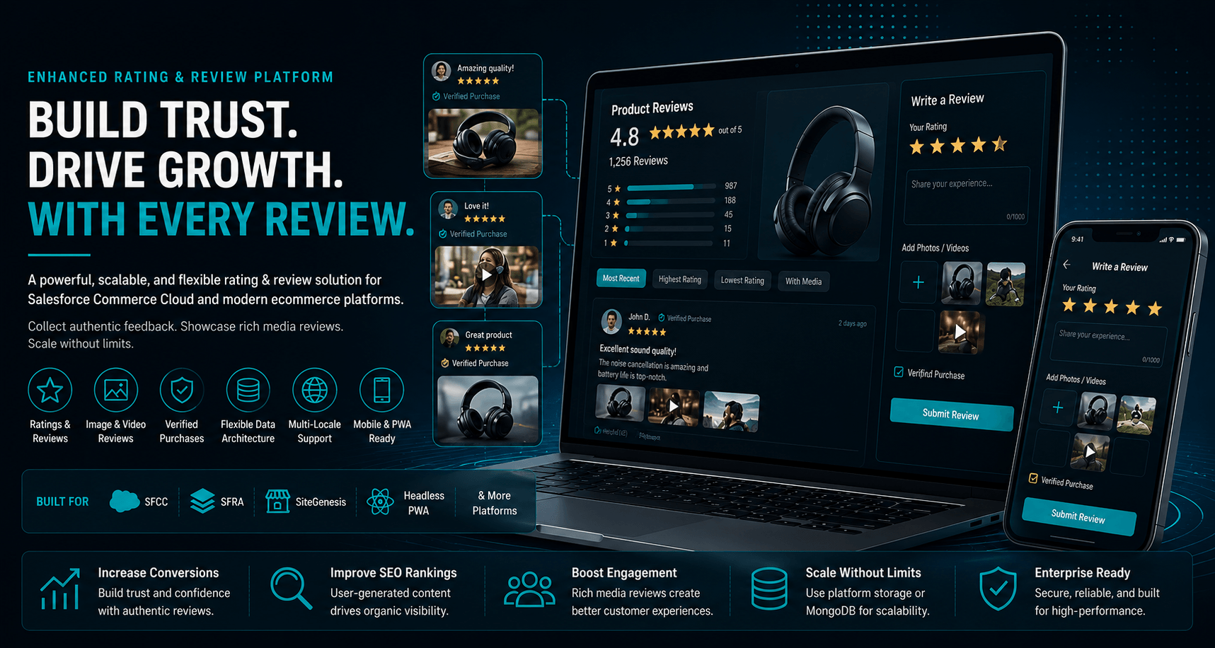 Enhanced ecommerce rating and review platform with image and video review support for Salesforce Commerce Cloud and headless commerce