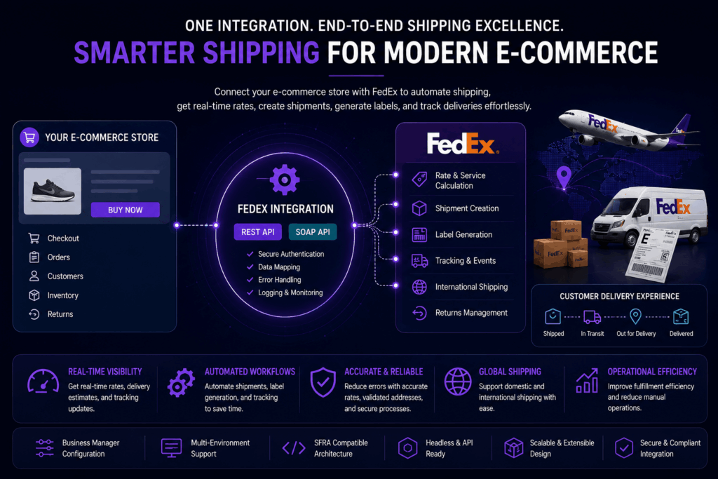 FedEx ecommerce shipping integration with real-time rates, shipment creation, tracking workflows, label generation, and automated fulfillment operations