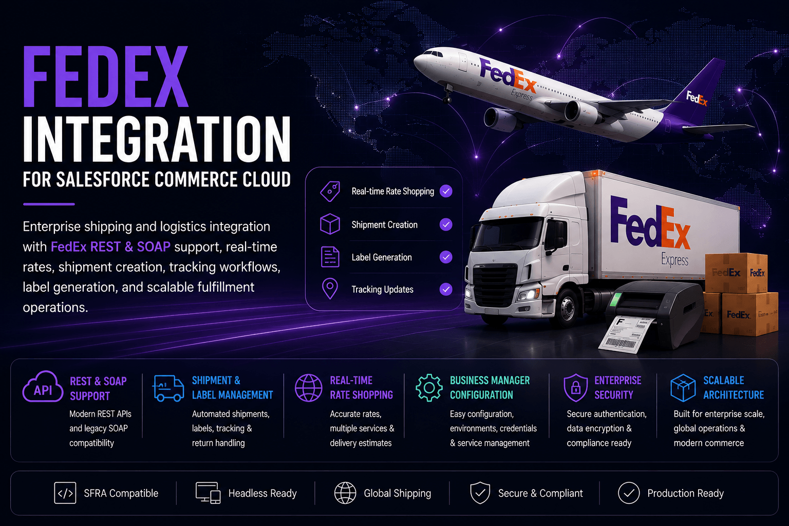 FedEx Integration for Salesforce Commerce Cloud with REST and SOAP support, real-time shipping rates, shipment creation, tracking workflows, and label generation