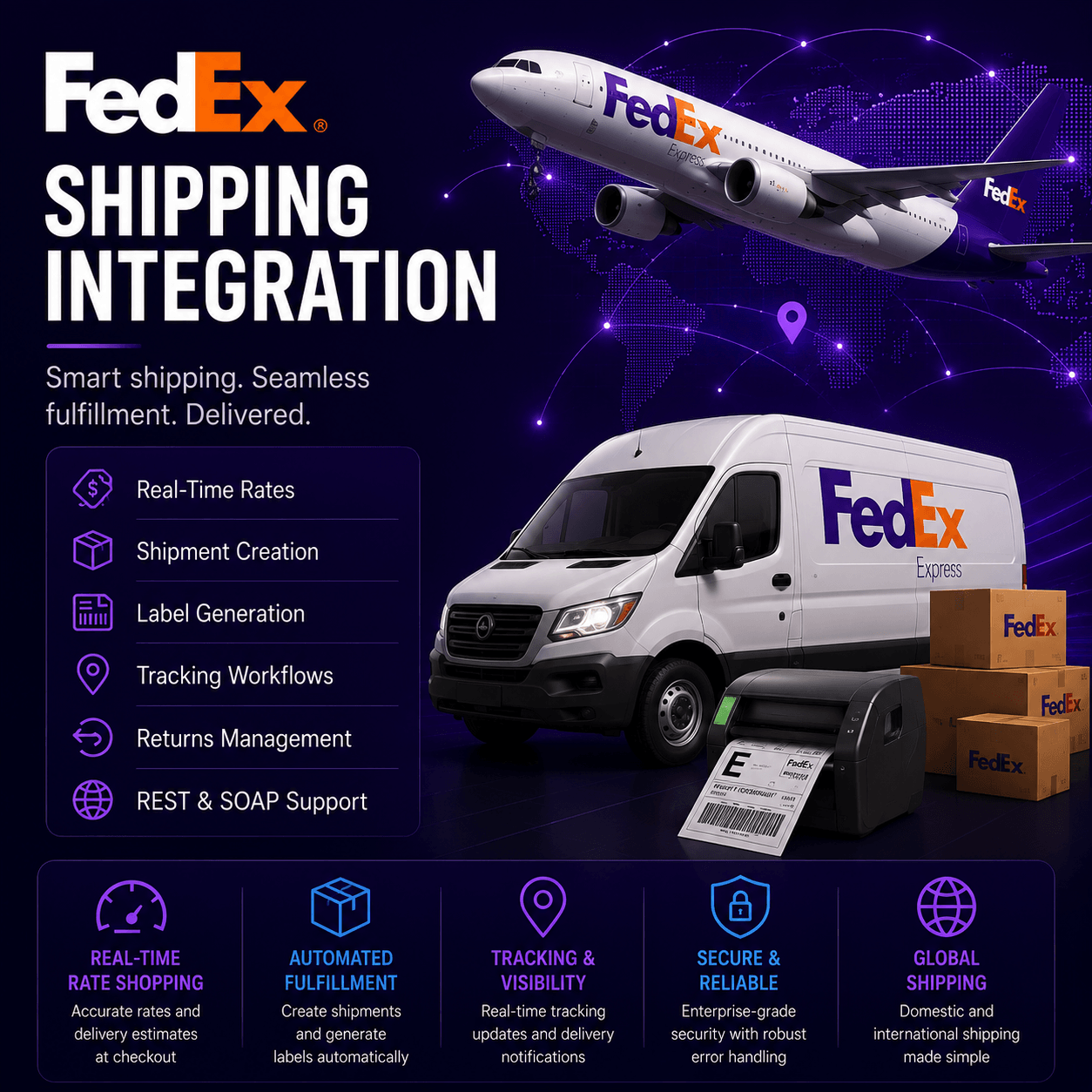 FedEx Shipping Integration with real-time shipping rates, shipment creation, label generation, tracking workflows, and automated fulfillment operations