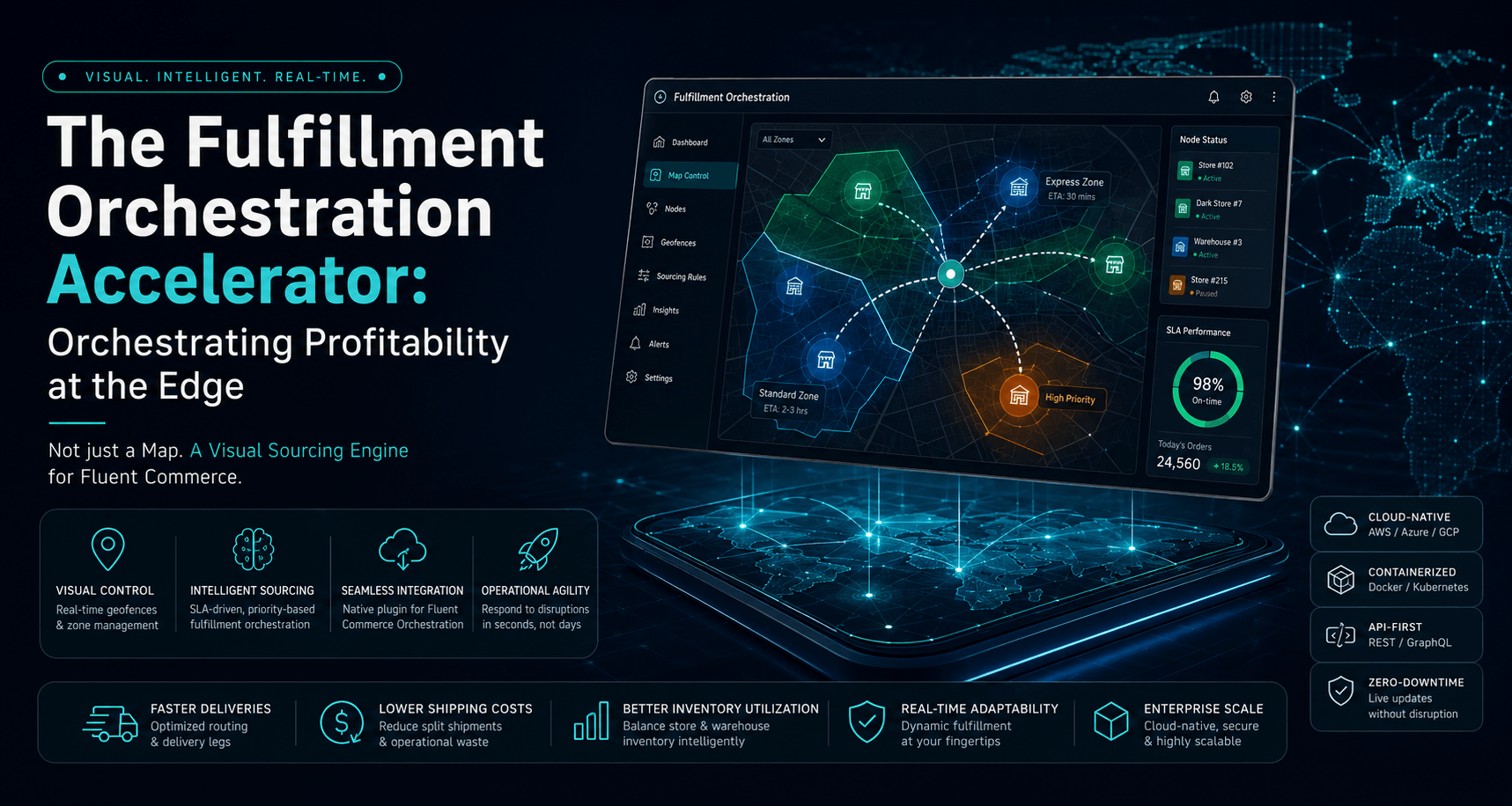 Fulfillment orchestration accelerator with visual geofencing, intelligent sourcing, SLA-driven routing, and real-time fulfillment orchestration platform