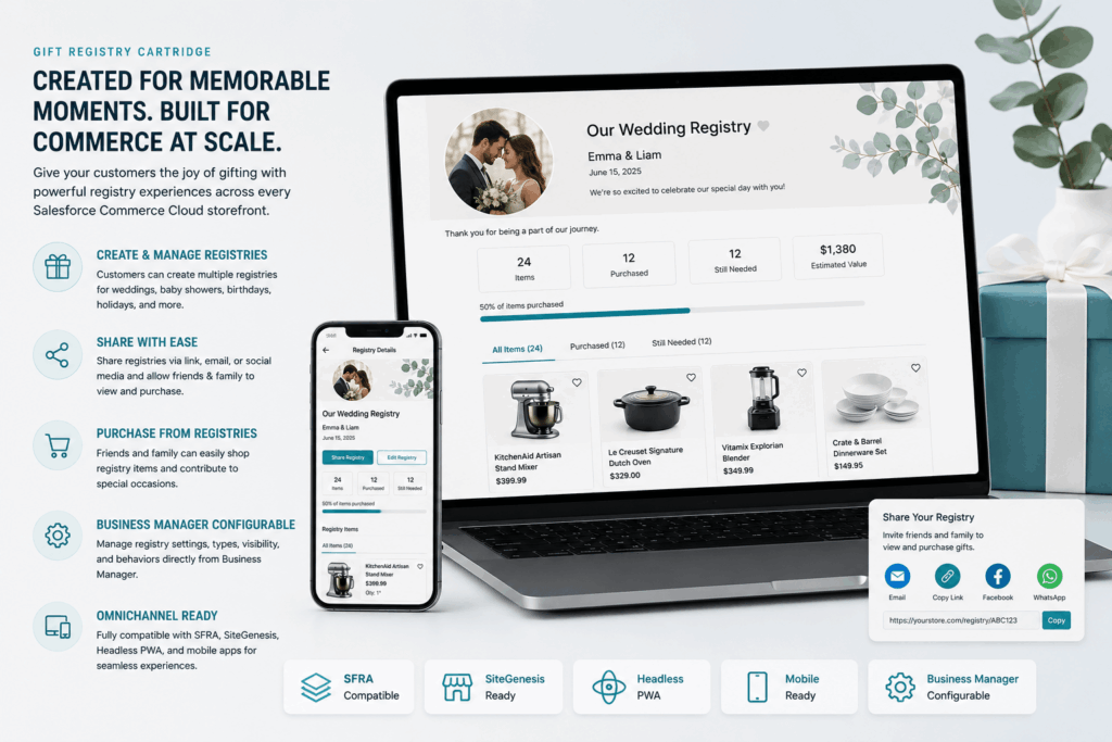 Gift registry interface for Salesforce Commerce Cloud with wedding registry management, mobile support, and omnichannel commerce compatibility