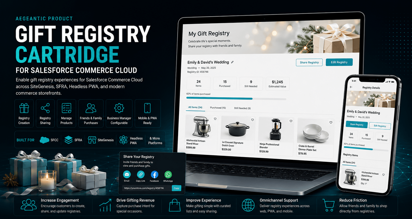 Gift registry cartridge for Salesforce Commerce Cloud with SFRA, SiteGenesis, Headless PWA, and mobile support