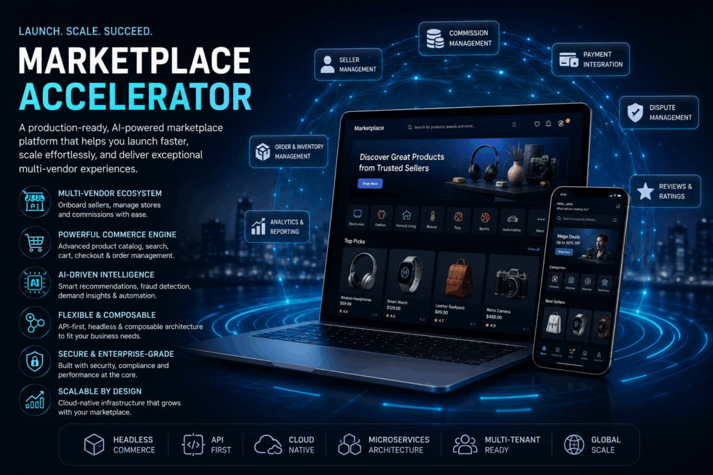 AI-powered marketplace accelerator with multi-vendor commerce, seller management, payment integration, analytics, and scalable marketplace infrastructure