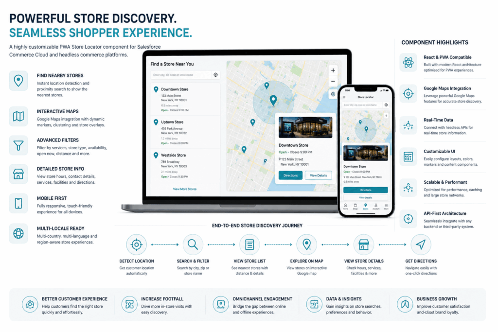 PWA Store Locator component infographic showing Google Maps integration, store discovery, geolocation search, and omnichannel commerce features
