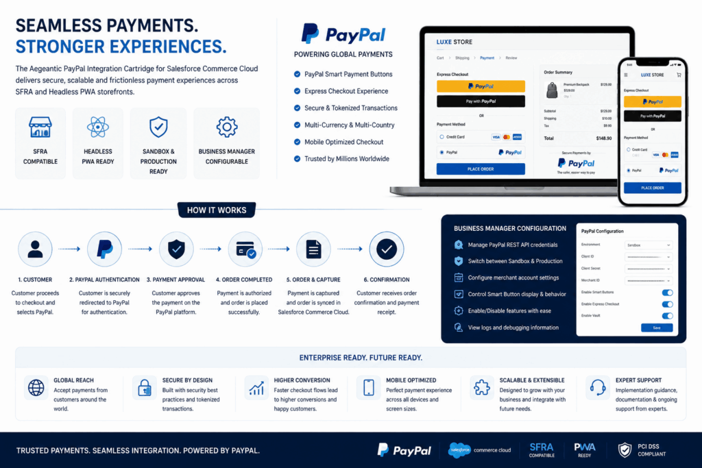 PayPal integration workflow and Business Manager configuration for Salesforce Commerce Cloud SFRA and headless PWA storefronts