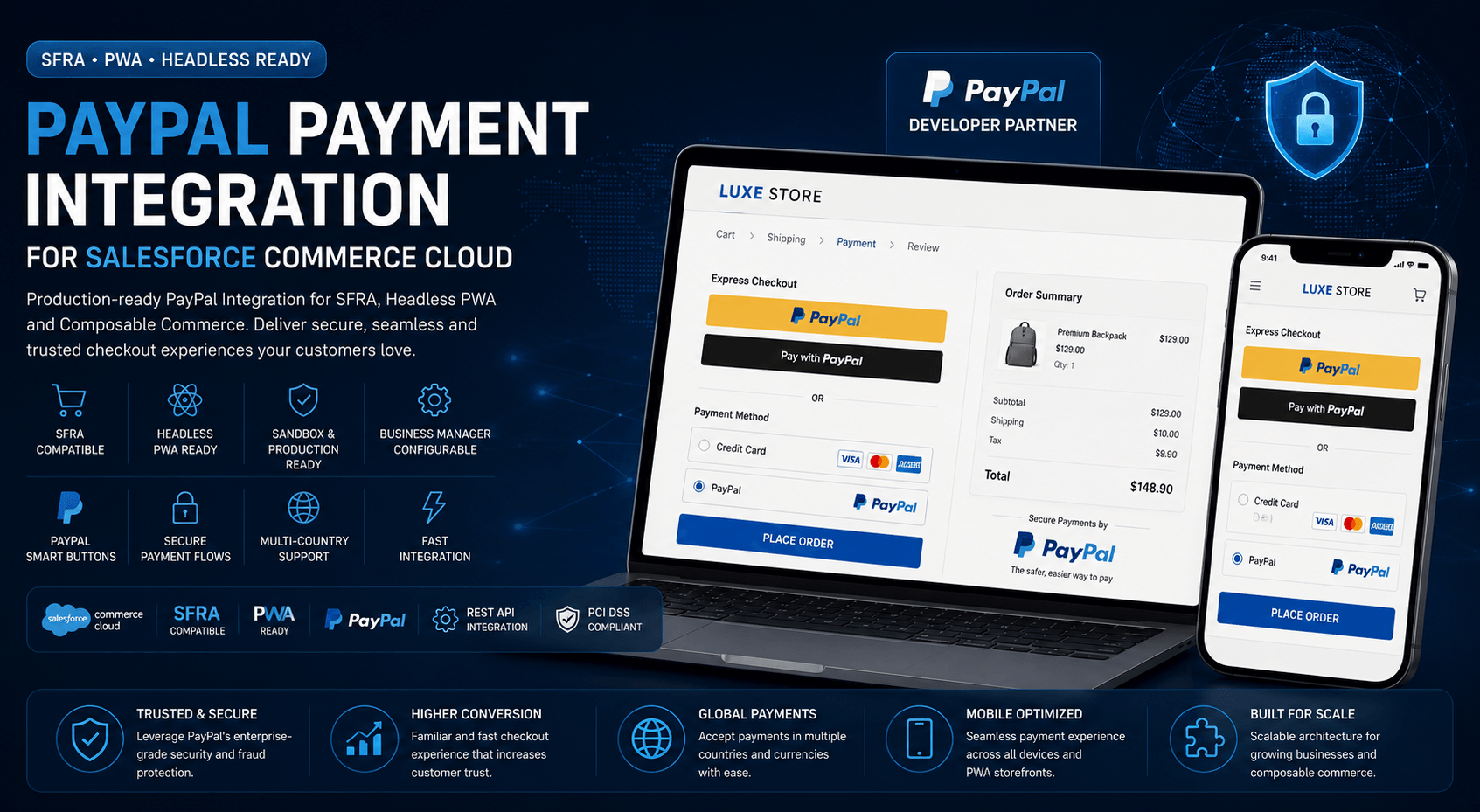 PayPal payment integration for Salesforce Commerce Cloud with SFRA, headless PWA support, secure checkout, and smart payment buttons