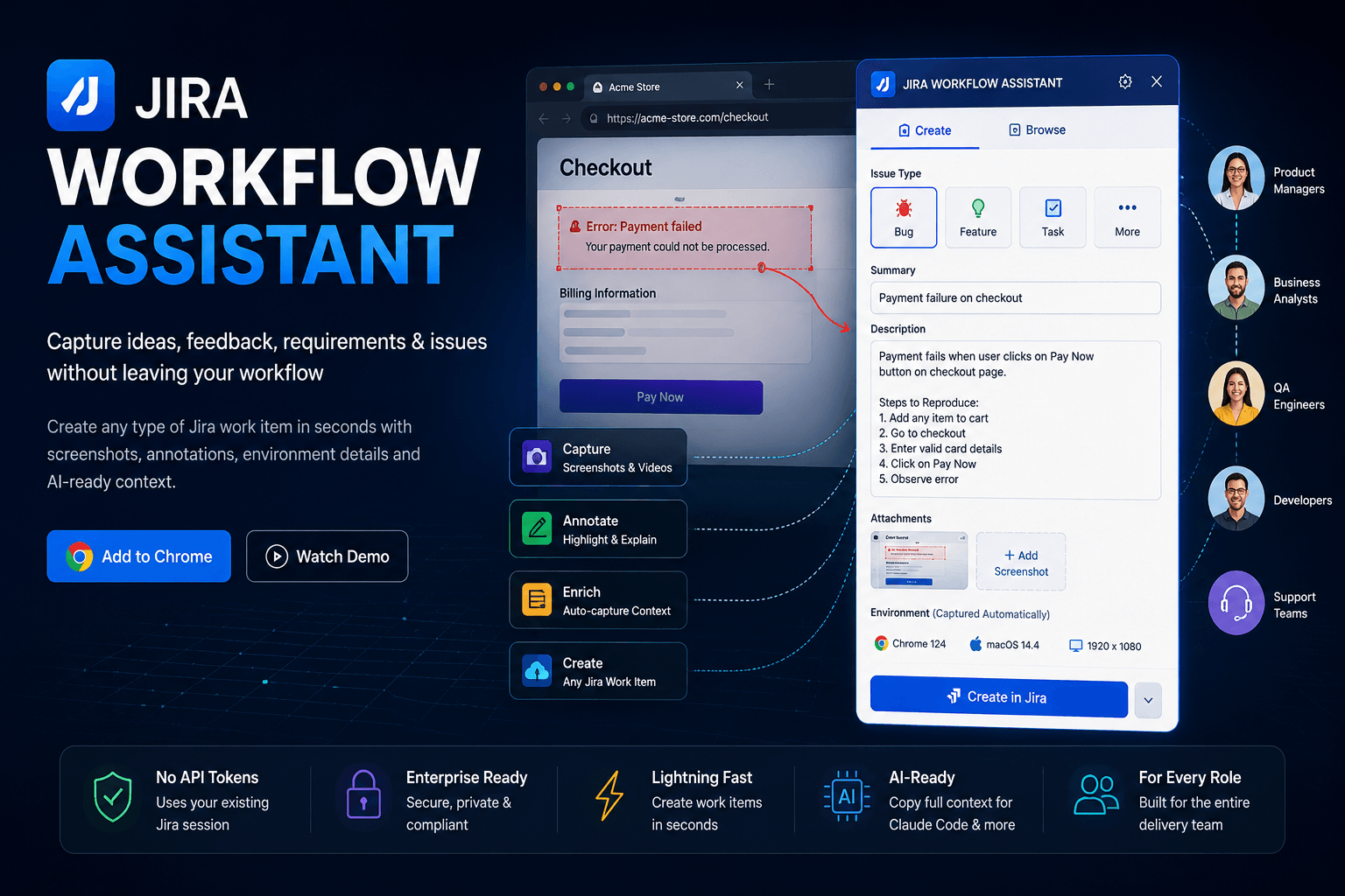 Jira Workflow Assistant platform for capturing ideas, requirements, feedback, feature requests, and issues directly into Jira with screenshots, annotations, and AI-ready workflows