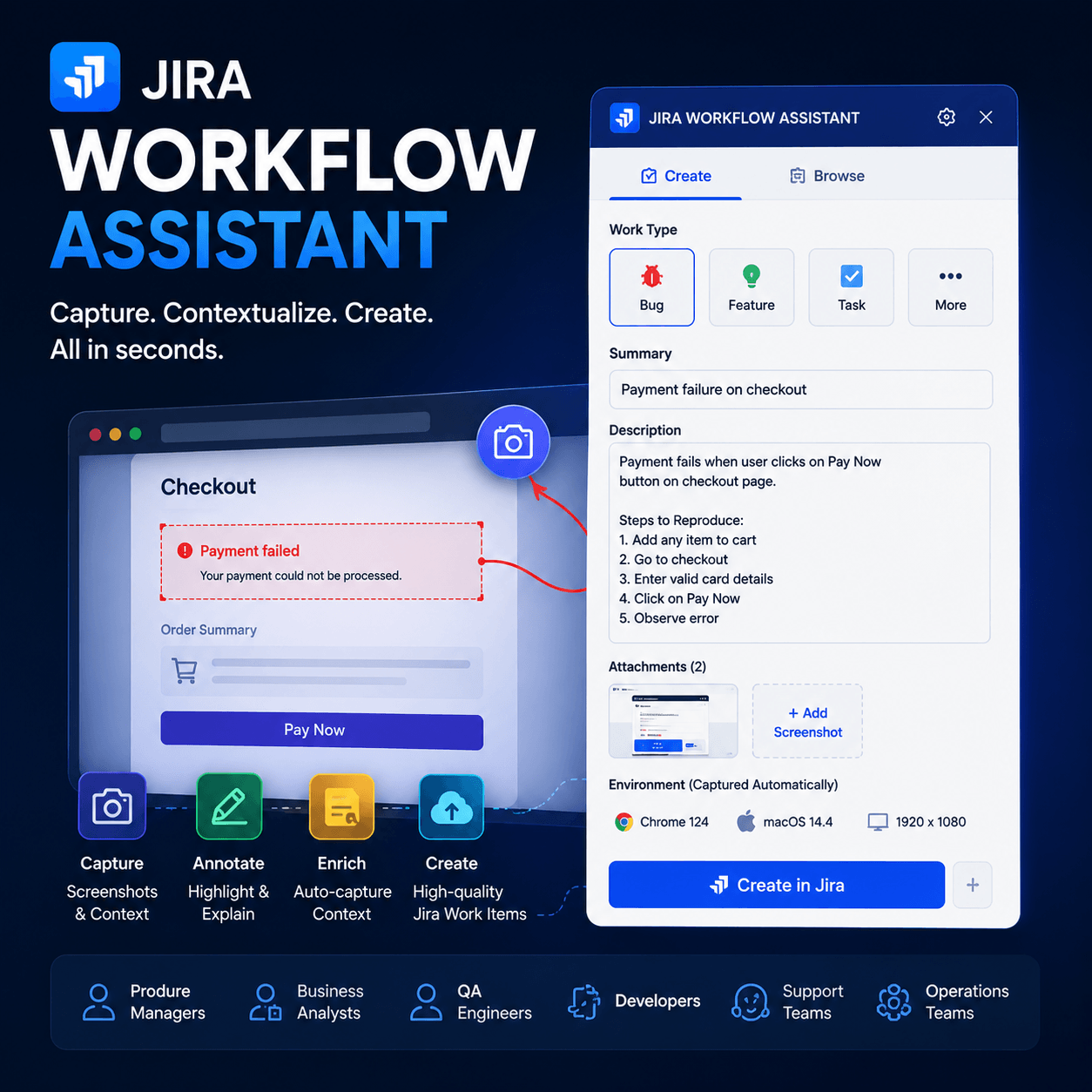 Jira Workflow Assistant platform for capturing ideas, requirements, feature requests, feedback, tasks, and issues directly into Jira with screenshots, annotations, and automated context collection